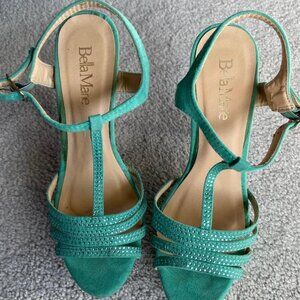 Elegant Bella Marie Teal Suede Ankle Strap Stiletto High hill shoes, size 5.5